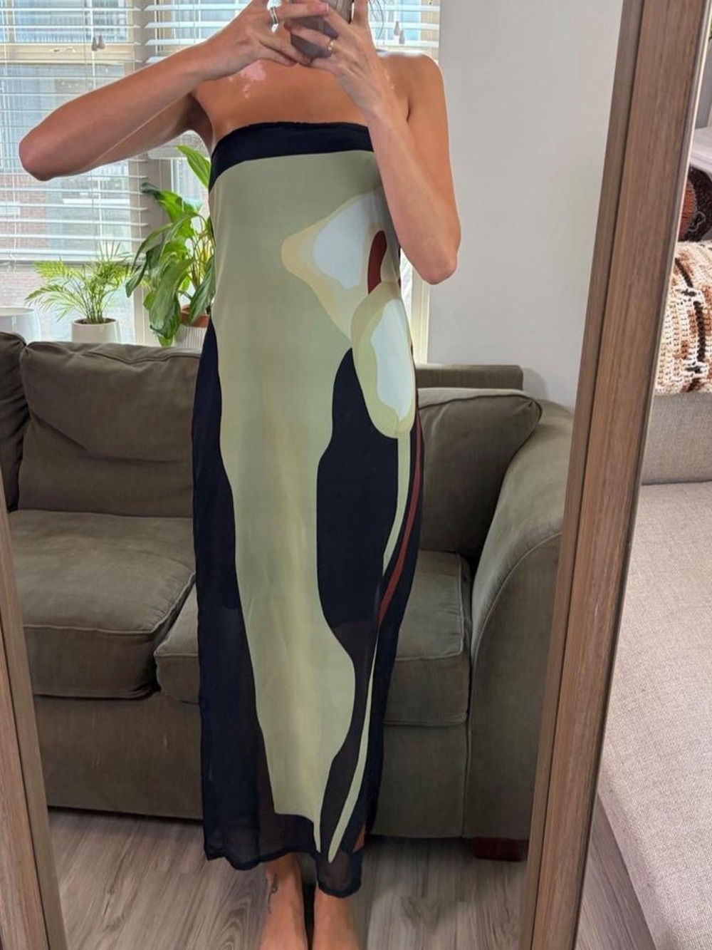 Strapless Maxi Dress in Olive Green Abstract Print - Picture 3 of 7